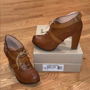 Timberland Women's Cognac Leather Lace-Up High Heel Booties with Buckle